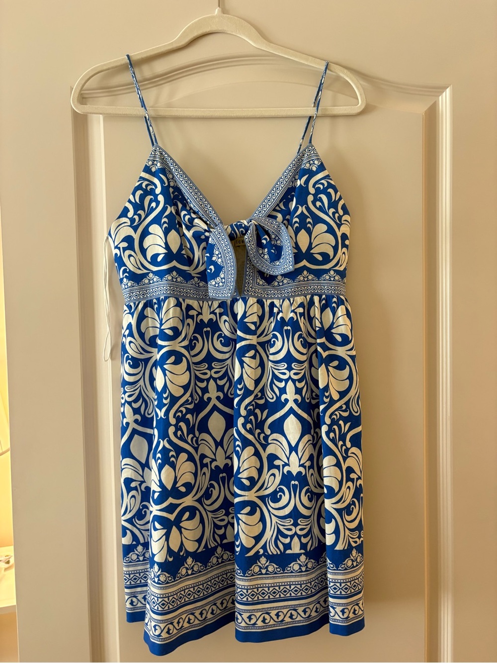 Worn once - Alice + Olivia Blue and White Printed Dress with Geometric Trim